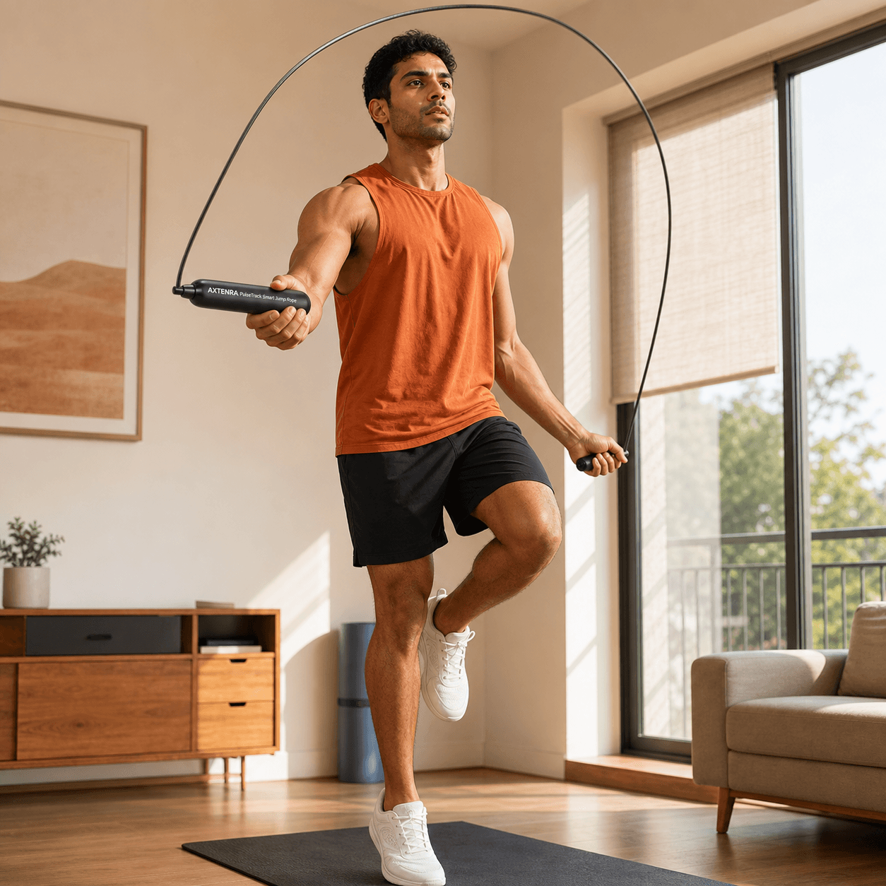 Synthetic Axtenra Fitness render of a compact jump-rope session at home